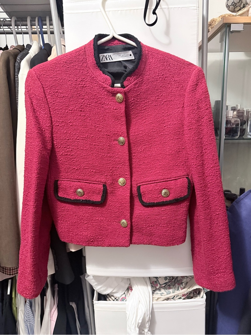 Zara Red Textured Cropped Blazer with Black Trim